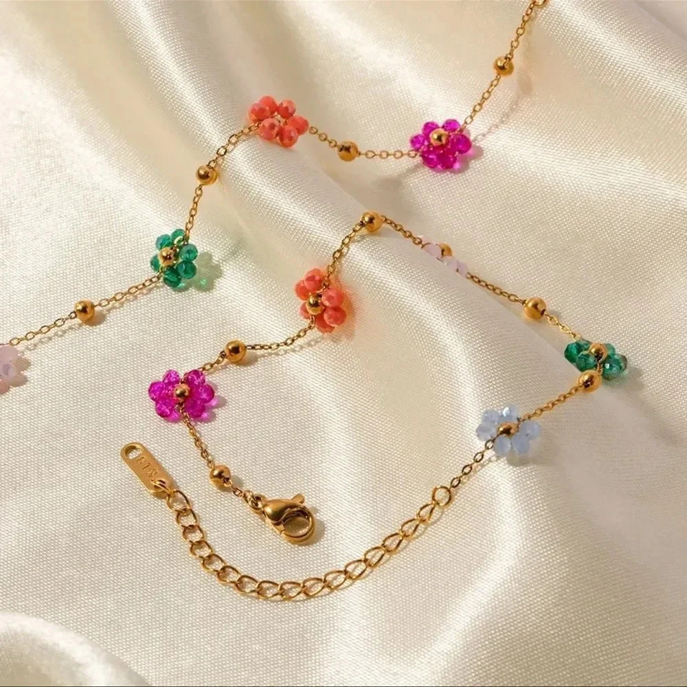 Flower Stainless Steel 18K Gold Waterproof Bead Flower Necklace Bracelet Set